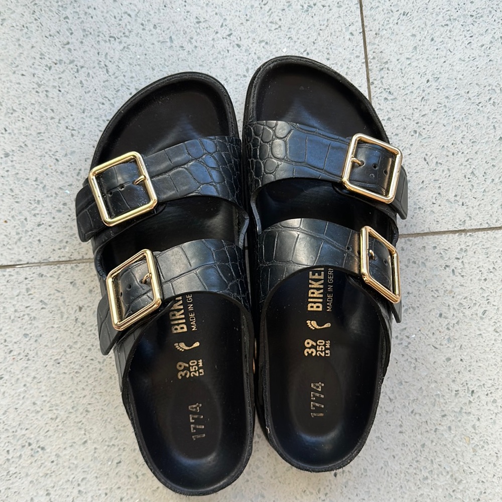 BIRKENSTOCK 1774 Arizona Croco Gold Buckle Slide Sandals
